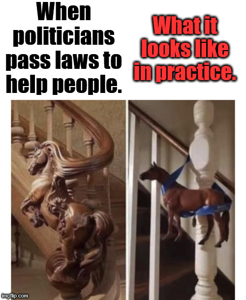 Never looks like what they said it was going to be. | When politicians pass laws to help people. What it looks like in practice. | image tagged in politics | made w/ Imgflip meme maker