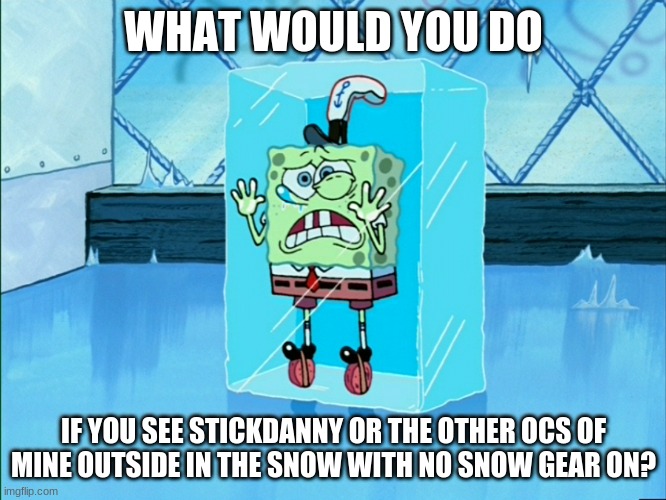 Spongebob icecube | WHAT WOULD YOU DO; IF YOU SEE STICKDANNY OR THE OTHER OCS OF MINE OUTSIDE IN THE SNOW WITH NO SNOW GEAR ON? | image tagged in spongebob icecube,stickdanny,ocs | made w/ Imgflip meme maker