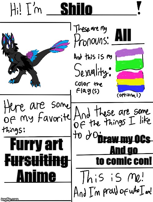 Hey! | Shilo; All; Draw my OCs
And go to comic con! Furry art
Fursuiting
Anime | made w/ Imgflip meme maker