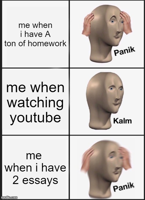 Panik Kalm Panik Meme | me when i have A ton of homework; me when watching youtube; me 
when i have 2 essays | image tagged in memes,panik kalm panik | made w/ Imgflip meme maker