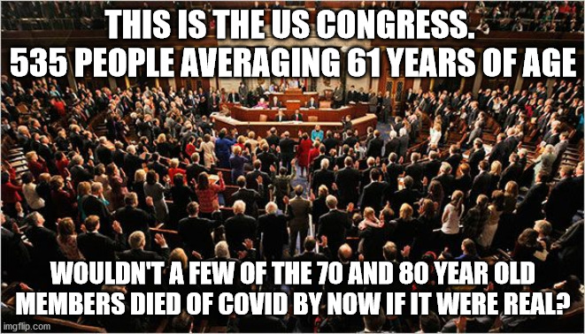 Congress | THIS IS THE US CONGRESS. 
535 PEOPLE AVERAGING 61 YEARS OF AGE; WOULDN'T A FEW OF THE 70 AND 80 YEAR OLD MEMBERS DIED OF COVID BY NOW IF IT WERE REAL? | image tagged in congress | made w/ Imgflip meme maker