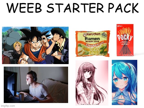 I'm not making fun of weebs btw, BrycemanOO told me to make this. | WEEB STARTER PACK | image tagged in blank white template | made w/ Imgflip meme maker