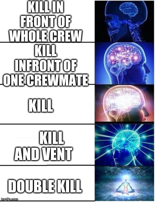 Expanding Brain 5 Panel | KILL IN FRONT OF WHOLE CREW KILL INFRONT OF ONE CREWMATE; KILL                   KILL AND VENT            DOUBLE KILL | image tagged in expanding brain 5 panel | made w/ Imgflip meme maker