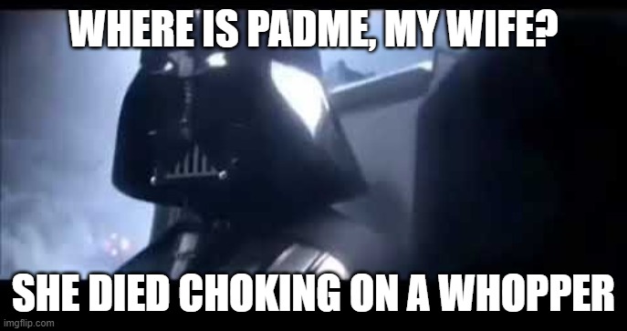 Darth Vader Where is Padme? | WHERE IS PADME, MY WIFE? SHE DIED CHOKING ON A WHOPPER | image tagged in darth vader where is padme | made w/ Imgflip meme maker