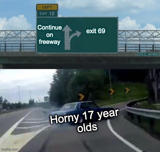 Left Exit 12 Off Ramp | Continue on freeway; exit 69; Horny 17 year 
olds | image tagged in memes,left exit 12 off ramp | made w/ Imgflip meme maker