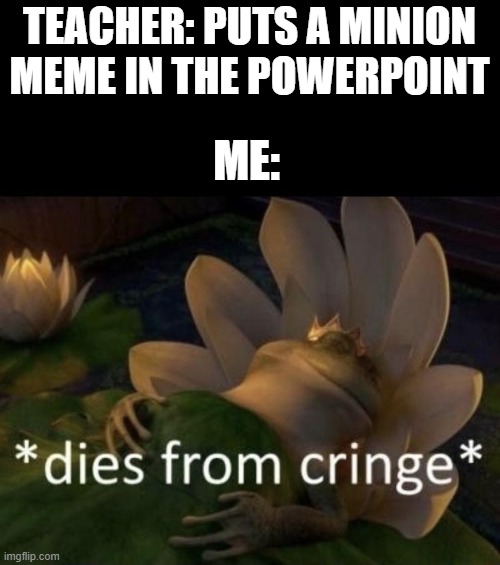 Dies from cringe | TEACHER: PUTS A MINION MEME IN THE POWERPOINT; ME: | image tagged in dies from cringe | made w/ Imgflip meme maker