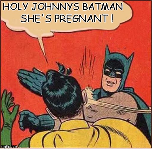 Robin Birth Control Woes |  HOLY JOHNNYS BATMAN; SHE'S PREGNANT ! | image tagged in memes,batman slapping robin | made w/ Imgflip meme maker