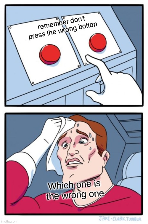 Two Buttons | remember don't press the wrong botton; Which one is the wrong one | image tagged in memes,two buttons | made w/ Imgflip meme maker