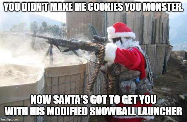 Hohoho Meme | YOU DIDN'T MAKE ME COOKIES YOU MONSTER. NOW SANTA'S GOT TO GET YOU WITH HIS MODIFIED SNOWBALL LAUNCHER | image tagged in memes,hohoho | made w/ Imgflip meme maker
