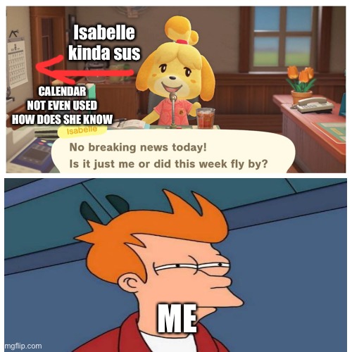 Something is sus about isabelle | Isabelle kinda sus; CALENDAR NOT EVEN USED HOW DOES SHE KNOW; ME | image tagged in animal crossing,isabelle,isabelle animal crossing announcement,exposed | made w/ Imgflip meme maker