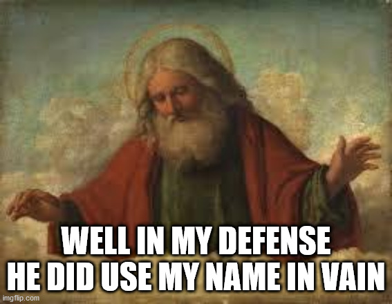 god | WELL IN MY DEFENSE HE DID USE MY NAME IN VAIN | image tagged in god | made w/ Imgflip meme maker