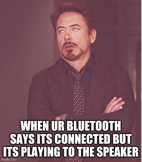 Face You Make Robert Downey Jr Meme | WHEN UR BLUETOOTH SAYS ITS CONNECTED BUT ITS PLAYING TO THE SPEAKER | image tagged in memes,face you make robert downey jr | made w/ Imgflip meme maker