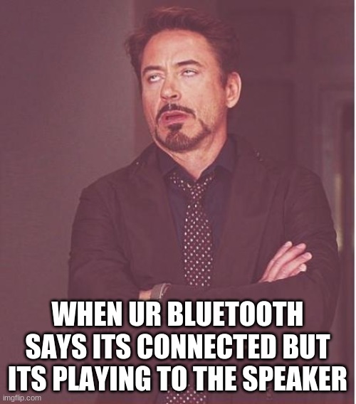 Face You Make Robert Downey Jr | WHEN UR BLUETOOTH SAYS ITS CONNECTED BUT ITS PLAYING TO THE SPEAKER | image tagged in memes,face you make robert downey jr | made w/ Imgflip meme maker