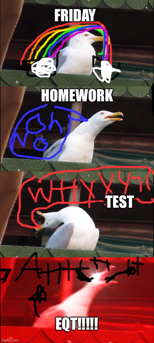 School Days in a nutshell | FRIDAY; HOMEWORK; TEST; EQT!!!!! | image tagged in memes,inhaling seagull | made w/ Imgflip meme maker