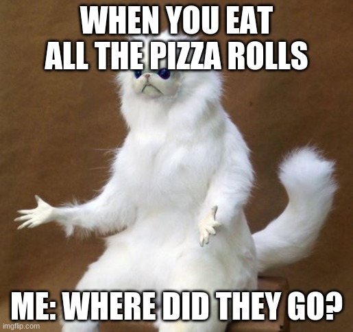 Pizza rolls | WHEN YOU EAT ALL THE PIZZA ROLLS; ME: WHERE DID THEY GO? | image tagged in persian white monkey | made w/ Imgflip meme maker