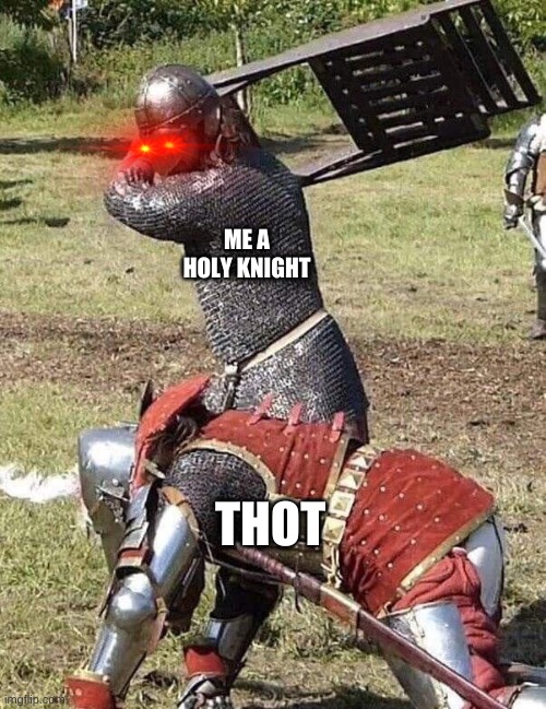 this post is anti heresy | ME A HOLY KNIGHT; THOT | image tagged in knight knight chair fight | made w/ Imgflip meme maker