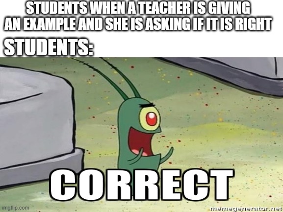 Basically school in a Nutshell | STUDENTS WHEN A TEACHER IS GIVING AN EXAMPLE AND SHE IS ASKING IF IT IS RIGHT; STUDENTS: | image tagged in plankton correct | made w/ Imgflip meme maker