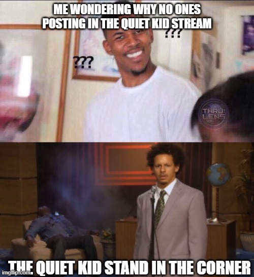 ME WONDERING WHY NO ONES POSTING IN THE QUIET KID STREAM; THE QUIET KID STAND IN THE CORNER | image tagged in black guy confused | made w/ Imgflip meme maker
