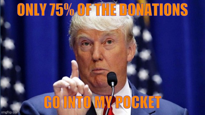 Trump grab em | ONLY 75% OF THE DONATIONS GO INTO MY POCKET | image tagged in trump grab em | made w/ Imgflip meme maker
