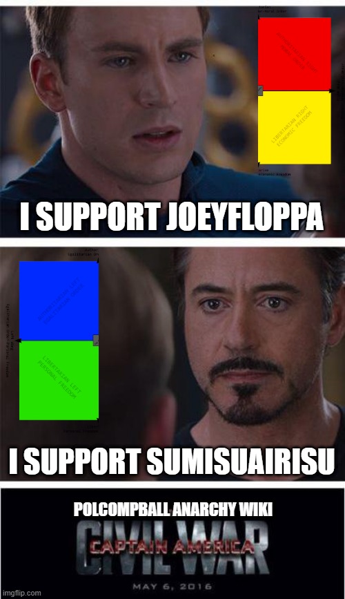 The ideological war of words on the Polcompball Anarchy Wiki. | I SUPPORT JOEYFLOPPA; I SUPPORT SUMISUAIRISU; POLCOMPBALL ANARCHY WIKI | image tagged in memes,marvel civil war 1,anarchy,right,left,civil war | made w/ Imgflip meme maker