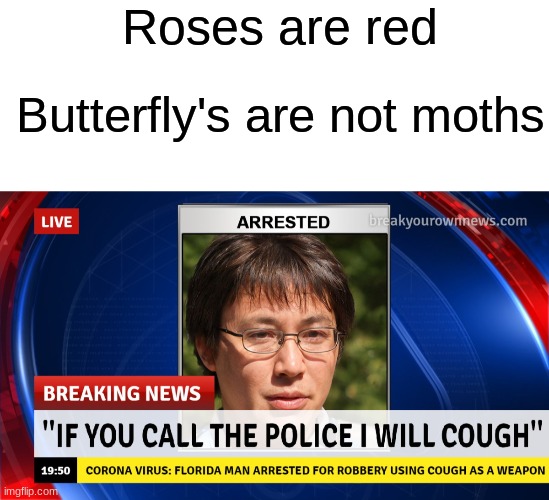 Another man going to jail meme | Roses are red; Butterfly's are not moths | image tagged in blank white template | made w/ Imgflip meme maker