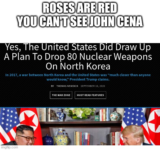 ROSES ARE RED
YOU CAN'T SEE JOHN CENA | image tagged in blank white template,fun,politics | made w/ Imgflip meme maker