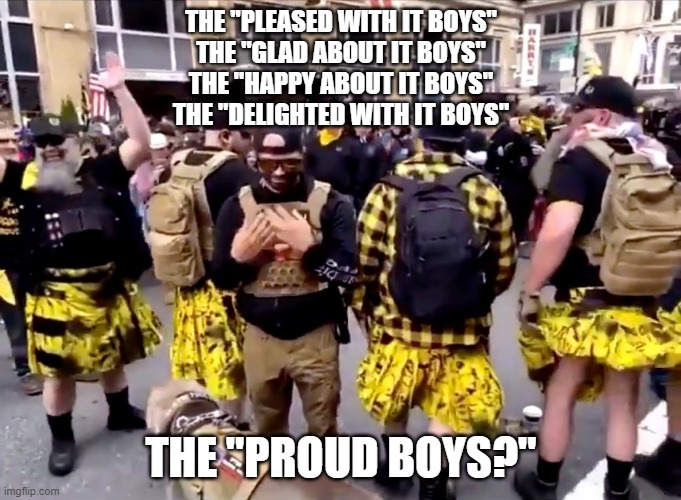 Pride is not what you think it is.. | THE "PLEASED WITH IT BOYS"
THE "GLAD ABOUT IT BOYS"
THE "HAPPY ABOUT IT BOYS"
THE "DELIGHTED WITH IT BOYS"; THE "PROUD BOYS?" | image tagged in proud boys,maga,trump,donald trump,make america great again,america | made w/ Imgflip meme maker