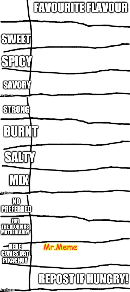 Repost This If Hungry | FAVOURITE FLAVOUR; SWEET; SPICY; SAVORY; STRONG; BURNT; SALTY; MIX; NO PREFERRED; FOR THE GLORIOUS MOTHERLANDY; Mr.Meme; HERE COMES DAT PIKACHUY; REPOST IF HUNGRY! | image tagged in a list | made w/ Imgflip meme maker