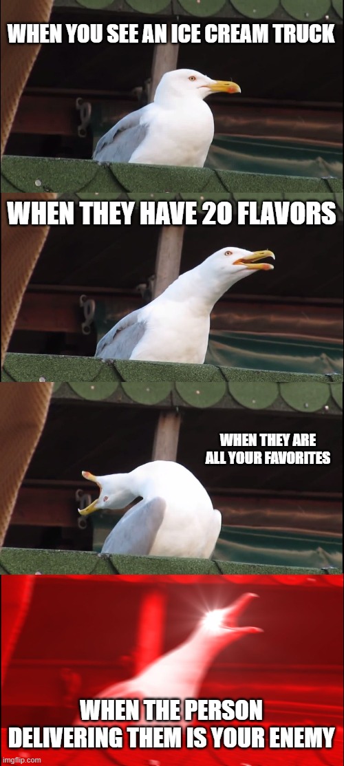 Inhaling Seagull | WHEN YOU SEE AN ICE CREAM TRUCK; WHEN THEY HAVE 2O FLAVORS; WHEN THEY ARE ALL YOUR FAVORITES; WHEN THE PERSON DELIVERING THEM IS YOUR ENEMY | image tagged in memes,inhaling seagull | made w/ Imgflip meme maker