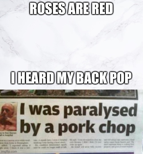 Rip | ROSES ARE RED; I HEARD MY BACK POP | image tagged in pork,roses are red | made w/ Imgflip meme maker