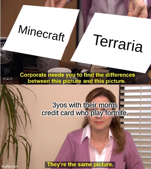 They're The Same Picture Meme | Minecraft; Terraria; 3yos with their moms credit card who play fortnite. | image tagged in memes,they're the same picture | made w/ Imgflip meme maker