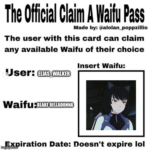 Guess I'm a weeb/cat person now.... | ELIAS_WALKER; BLAKE BELLADONNA | image tagged in official claim a waifu pass | made w/ Imgflip meme maker
