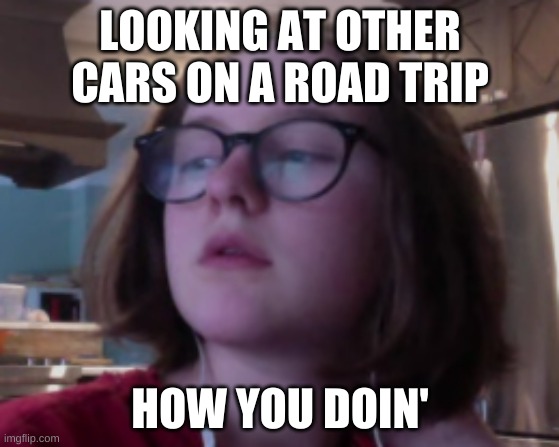 Road trip | LOOKING AT OTHER CARS ON A ROAD TRIP; HOW YOU DOIN' | image tagged in funny memes | made w/ Imgflip meme maker