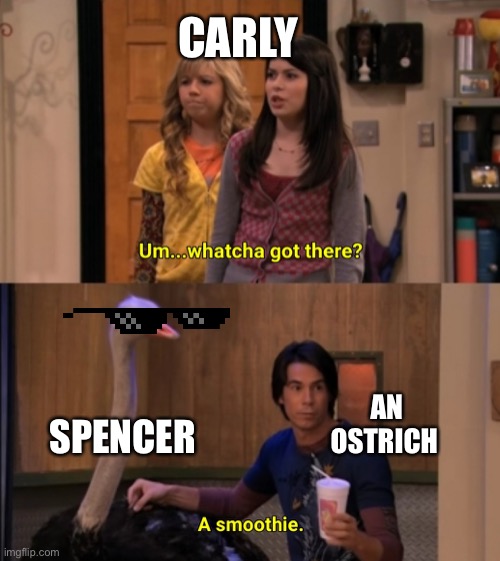 Aw yeah this be swag | CARLY; SPENCER; AN OSTRICH | image tagged in whatcha got there,seag,shshhsshjs | made w/ Imgflip meme maker