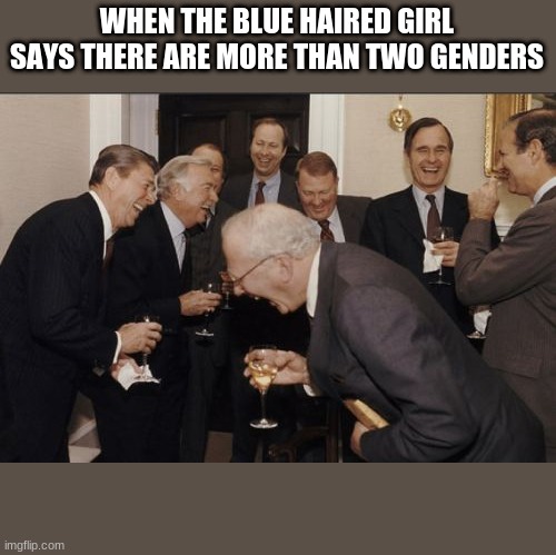 only two | WHEN THE BLUE HAIRED GIRL SAYS THERE ARE MORE THAN TWO GENDERS | image tagged in memes,laughing men in suits,funny,hahaha | made w/ Imgflip meme maker