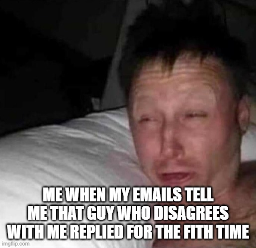 Dude, just shut up I am going back to sleep | ME WHEN MY EMAILS TELL ME THAT GUY WHO DISAGREES WITH ME REPLIED FOR THE FITH TIME | image tagged in sleepy guy | made w/ Imgflip meme maker
