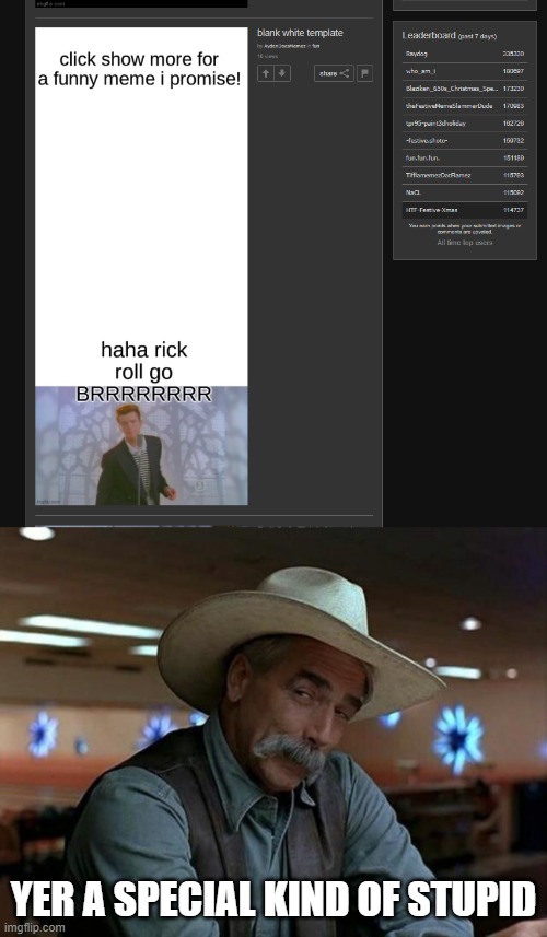 if you don't get this...you're a special kind of stupid | YER A SPECIAL KIND OF STUPID | image tagged in special kind of stupid,idiot,show more,rick roll | made w/ Imgflip meme maker