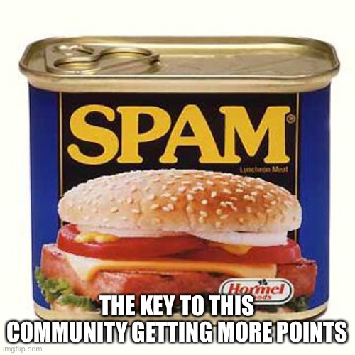LOL | THE KEY TO THIS COMMUNITY GETTING MORE POINTS | image tagged in spam,funny,memes,imgflip | made w/ Imgflip meme maker