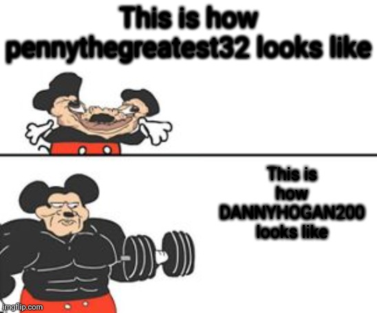 Dannyhogan200 is better than her | This is how pennythegreatest32 looks like; This is how DANNYHOGAN200 looks like | image tagged in buff mokey,penny,stickdanny | made w/ Imgflip meme maker