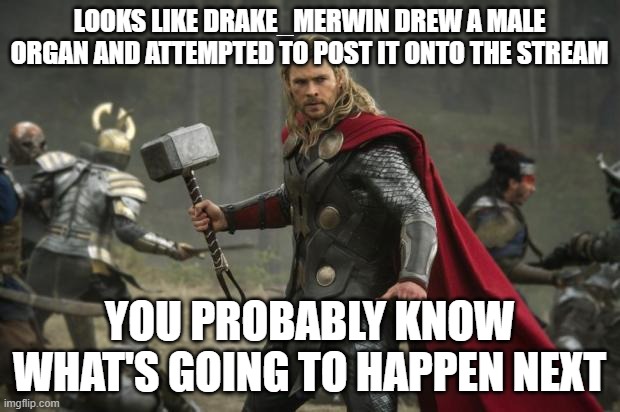 thor hammer | LOOKS LIKE DRAKE_MERWIN DREW A MALE ORGAN AND ATTEMPTED TO POST IT ONTO THE STREAM; YOU PROBABLY KNOW WHAT'S GOING TO HAPPEN NEXT | image tagged in thor hammer | made w/ Imgflip meme maker