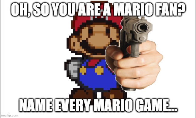 So you're a mario fan? Prove it! | OH, SO YOU ARE A MARIO FAN? NAME EVERY MARIO GAME... | image tagged in mario,memes,video games | made w/ Imgflip meme maker