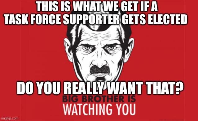 Do you want this? | THIS IS WHAT WE GET IF A TASK FORCE SUPPORTER GETS ELECTED; DO YOU REALLY WANT THAT? | image tagged in big brother is always watching you,do you,do you want | made w/ Imgflip meme maker