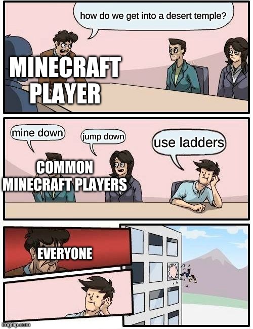 Boardroom Meeting Suggestion | how do we get into a desert temple? MINECRAFT PLAYER; mine down; jump down; use ladders; COMMON MINECRAFT PLAYERS; EVERYONE | image tagged in memes,boardroom meeting suggestion | made w/ Imgflip meme maker