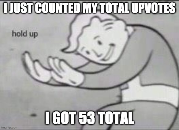 Fallout Hold Up | I JUST COUNTED MY TOTAL UPVOTES; I GOT 53 TOTAL | image tagged in fallout hold up | made w/ Imgflip meme maker