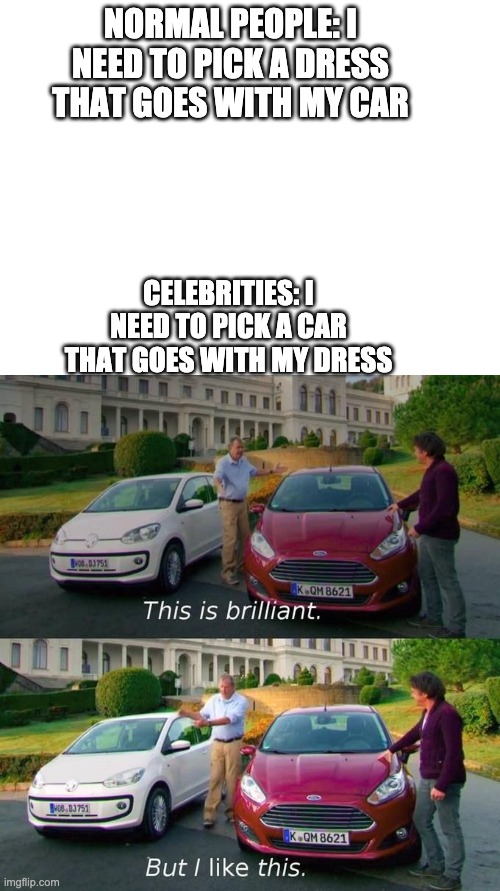 NORMAL PEOPLE: I NEED TO PICK A DRESS THAT GOES WITH MY CAR; CELEBRITIES: I NEED TO PICK A CAR THAT GOES WITH MY DRESS | image tagged in blank white template,this is brilliant but i like this | made w/ Imgflip meme maker