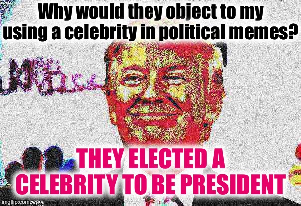 Celebrities in politics indeed | Why would they object to my using a celebrity in political memes? THEY ELECTED A CELEBRITY TO BE PRESIDENT | image tagged in donald trump approves deep-fried,celebrity,memes about memes,memes about memeing | made w/ Imgflip meme maker