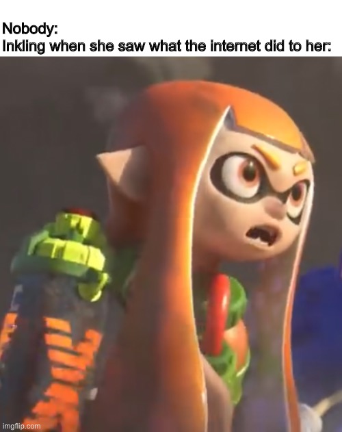 Inkling is shooked | Nobody:

Inkling when she saw what the internet did to her: | image tagged in inkling,splatoon,splatoon 2,internet,memes | made w/ Imgflip meme maker