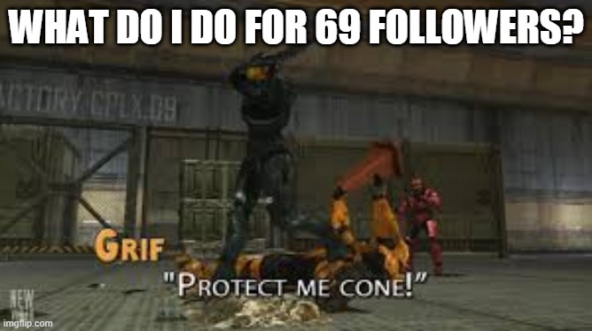 Protect me cone | WHAT DO I DO FOR 69 FOLLOWERS? | image tagged in protect me cone | made w/ Imgflip meme maker