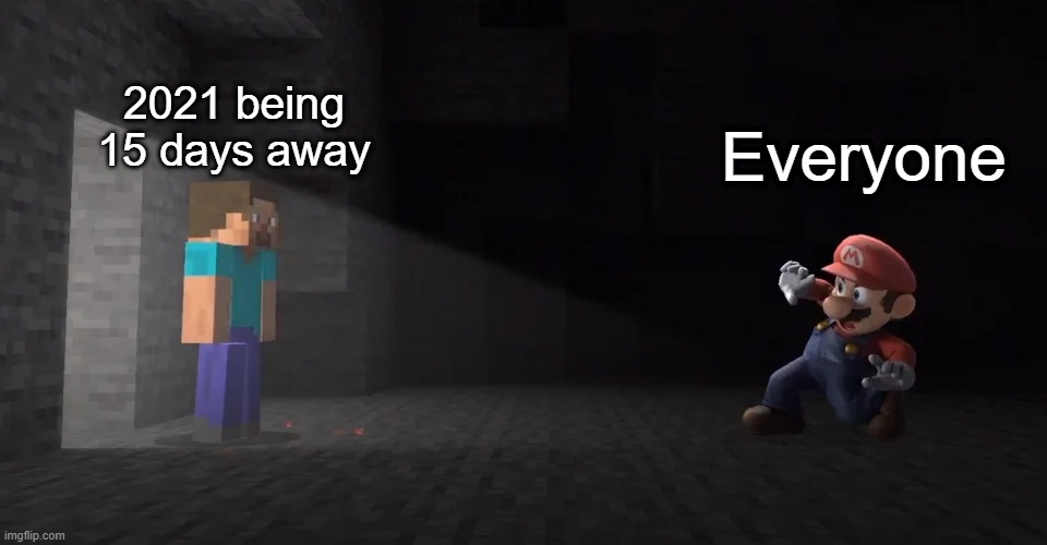 We're almost there... | 2021 being 15 days away; Everyone | image tagged in steve and mario,super smash bros,minecraft,super mario,2021,2020 sucks | made w/ Imgflip meme maker