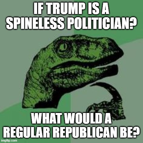 Time raptor  | IF TRUMP IS A SPINELESS POLITICIAN? WHAT WOULD A REGULAR REPUBLICAN BE? | image tagged in time raptor | made w/ Imgflip meme maker